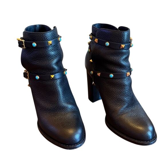 Valentino Garavani Rockstud Turquoise Pebbled Leather Ankle Boots EU 39.5 US 9.5 - Picture 3 of 13